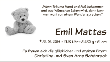 Babyanzeige von Emil Mattes Schönrock von WESER-KURIER