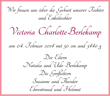 Babyanzeige von Victoria Charlotte Berlekamp von WESER-KURIER