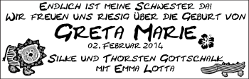 Babyanzeige von Greta Marie Gottschalk von WESER-KURIER