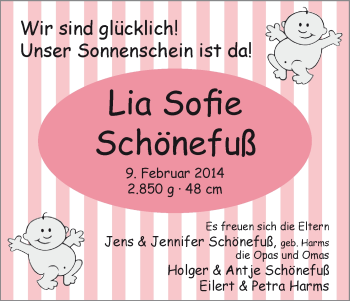 Babyanzeige von Lia Sopfie Schönefuss von WESER-KURIER