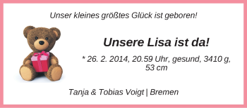 Babyanzeige von Lisa  von WESER-KURIER