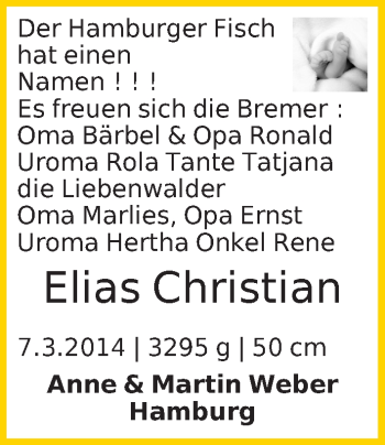 Babyanzeige von Elias Christian Weber von WESER-KURIER