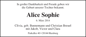 Babyanzeige von Alice Sophie  von WESER-KURIER