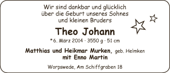 Babyanzeige von Theo Johann Murken von WESER-KURIER