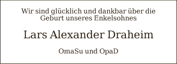 Babyanzeige von Lars Alexander Draheim von WESER-KURIER