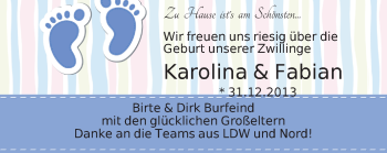Babyanzeige von Karolina & Fabian Burfeind von WESER-KURIER