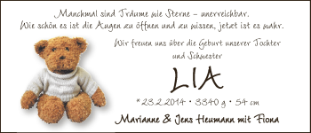 Babyanzeige von Lia Heumann von WESER-KURIER