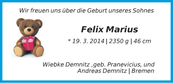 Babyanzeige von Felix Marius Demnitz von WESER-KURIER