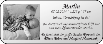 Babyanzeige von Marlin Malarczuk von WESER-KURIER