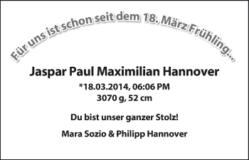 Babyanzeige von Jaspar Paul Maximilian Hannover von WESER-KURIER