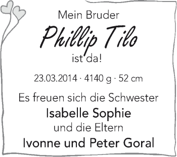 Babyanzeige von Phillip Tilo Goral von WESER-KURIER