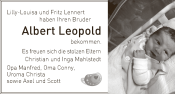 Babyanzeige von Albert Leopold Mahlstedt von WESER-KURIER