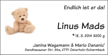 Babyanzeige von Linus Mads  von WESER-KURIER