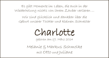 Babyanzeige von Charlotte Schmolke von WESER-KURIER