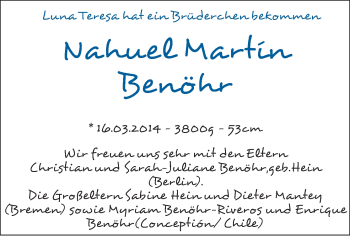 Babyanzeige von Nahuel Martin Benöhr von WESER-KURIER