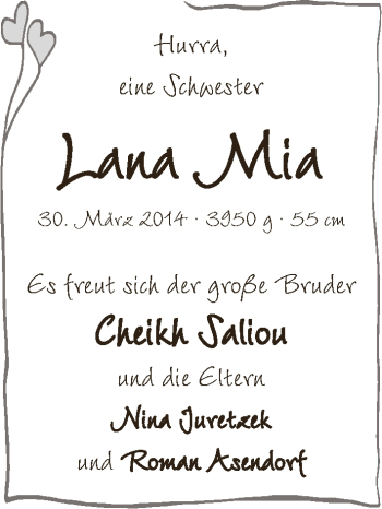 Babyanzeige von Lana Mia  von WESER-KURIER