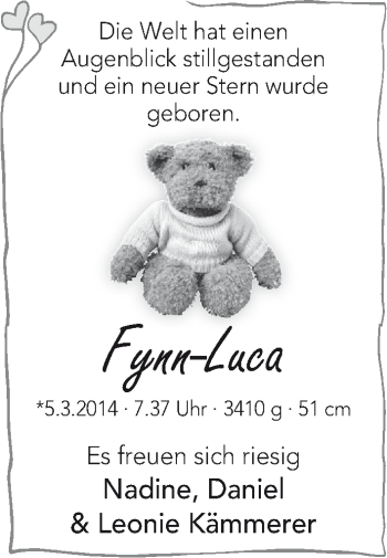 Babyanzeige von Fynn-Luca Kämmerer von WESER-KURIER