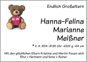 Babyanzeige von Hanna-Felina Marianne Meißner von WESER-KURIER