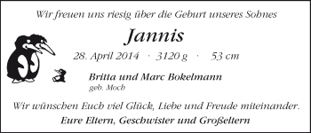 Babyanzeige von Jannis  von WESER-KURIER