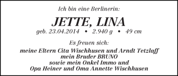Babyanzeige von Jette, Lina  von WESER-KURIER