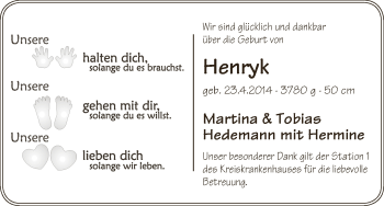 Babyanzeige von Henryk Hedemann von WESER-KURIER
