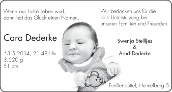 Babyanzeige von Cara Dederke von WESER-KURIER
