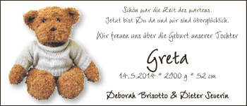 Babyanzeige von Greta  von WESER-KURIER