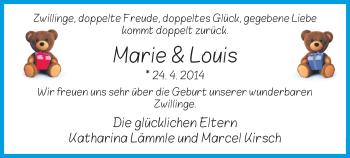 Babyanzeige von Marie und Louis  von WESER-KURIER