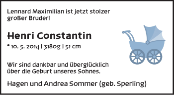 Babyanzeige von Henri Constantin Sommer von WESER-KURIER