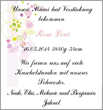 Babyanzeige von Rosa Leni  von WESER-KURIER