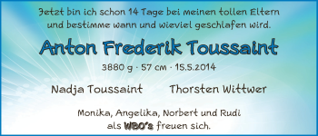 Babyanzeige von Anton Frederik Toussaint von WESER-KURIER