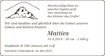 Babyanzeige von Matties Jantzen von WESER-KURIER