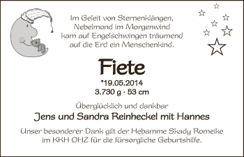Babyanzeige von Fiete Reinheckel von WESER-KURIER