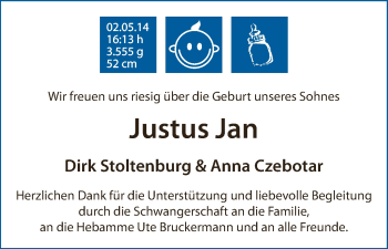 Babyanzeige von Justus Jan Stoltenburg von WESER-KURIER