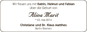 Babyanzeige von Alina Marit  von WESER-KURIER