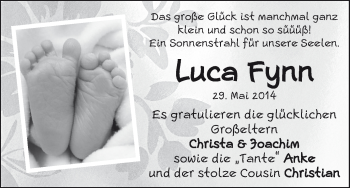 Babyanzeige von Luca Fynn  von WESER-KURIER