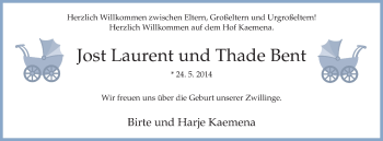 Babyanzeige von Jost Laurent und Thade Bent Kaemena von WESER-KURIER