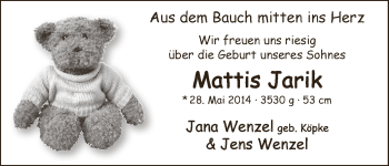 Babyanzeige von Mattis Jarik Wenzel von WESER-KURIER