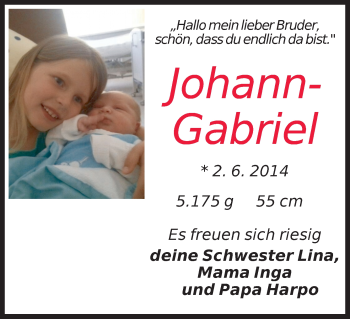 Babyanzeige von Johann-Gabriel  von WESER-KURIER