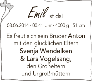 Babyanzeige von Emil  von WESER-KURIER