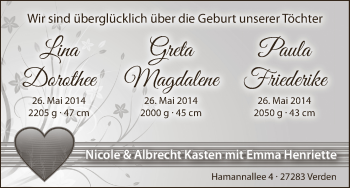 Babyanzeige von Lina Dorothee, Greta Magdalene und Paula Friederike  von WESER-KURIER
