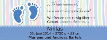 Babyanzeige von Niklas  von WESER-KURIER