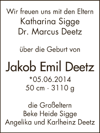Babyanzeige von Jakob Emil Deetz von WESER-KURIER