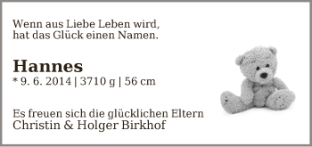 Babyanzeige von Hannes Birkhof von WESER-KURIER