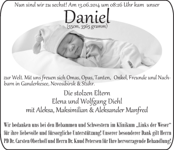 Babyanzeige von Daniel  von WESER-KURIER
