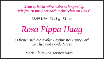 Babyanzeige von Rosa Pippa Haag von WESER-KURIER