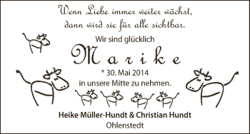 Babyanzeige von Marike Hundt von WESER-KURIER