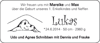 Babyanzeige von Lukas Haar von WESER-KURIER