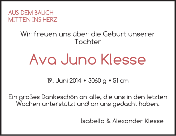 Babyanzeige von Ava Juno Klesse von WESER-KURIER
