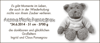 Babyanzeige von Aenna Merle Pansegrau von WESER-KURIER